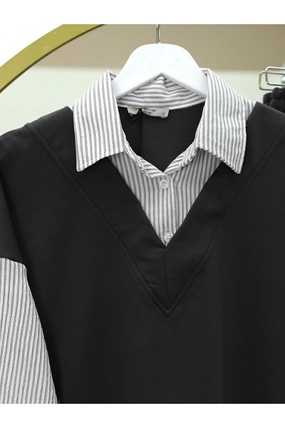 Modamorfo Striped Shirt Detailed V-Neck Set - Black