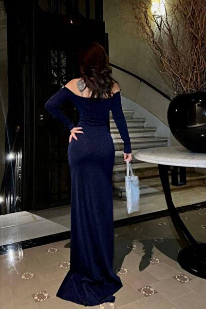 Mossta Boat Neck Stone Detail Flowers Long Evening Dress Navy Blue