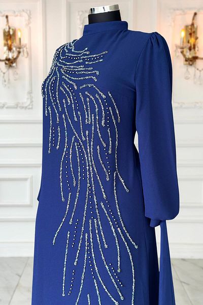 Amine Hüma Navy Blue Irem Hijab Evening Dress