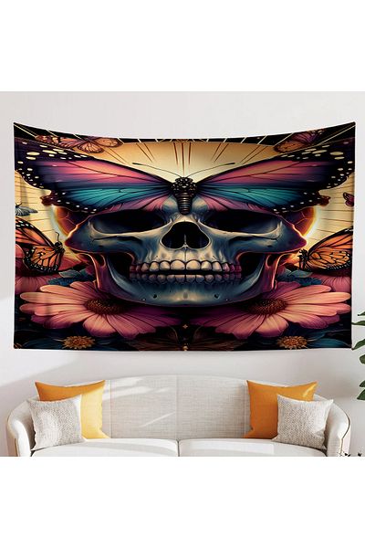 Else Dekor Gothic Floral Patterned Skull Tapestry - Duar Rug Cover