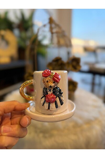 Pernotte Handmade 24 K Gold Plated Red Bow Girl Teddy Turkish Coffee Cup