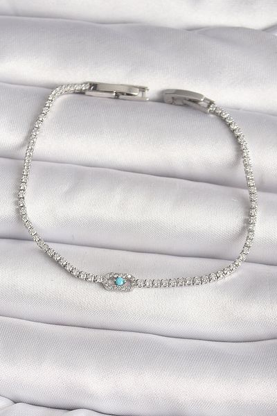 Mu Art Ahşap Brass Silver Color Waterway Zircon Stone Messika Model Blue Stone Women's Bracelet