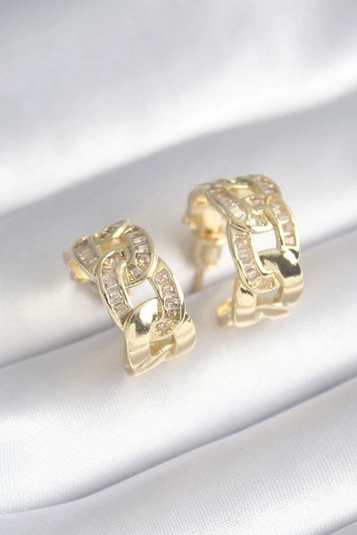 Clariss Brass Gold Color Zircon Stone Detail Chain Model Women's Earrings