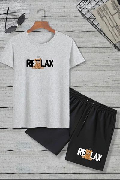 CAST COLLECTİON Unisex White Relax Bear Printed Tshirt Shorts Set