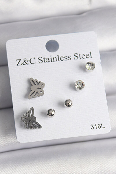 Clariss 316L Steel Silver Color Zircon Stone Butterfly Model Women's Earring Set - Kp-0693