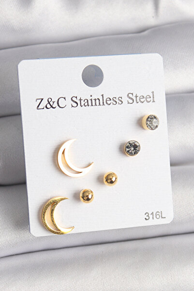 Carmella 316L Steel Gold Color Zircon Stone Crescent Model Women's Earring Se...