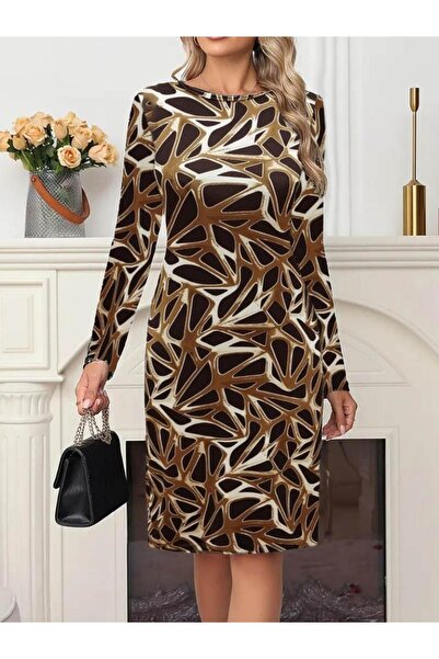 Evyora Women's long sleeve crew neck patterned diver short dress