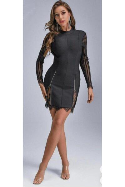 Lady Moss Women's Sleeves and Skirt Lace Detail Zipper Low-Cut Skuba Fabric Mini Dress
