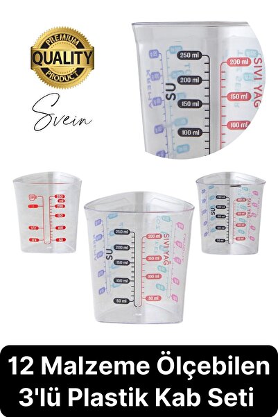 Svein Premium Set of 3 - Clear Plastic Measuring Cup, 12 Kinds of Material Me...