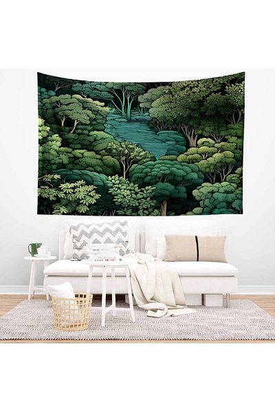 Else Dekor Green Japanese Nature Forest Pattern Tapestry - Wall Tapestry Cover