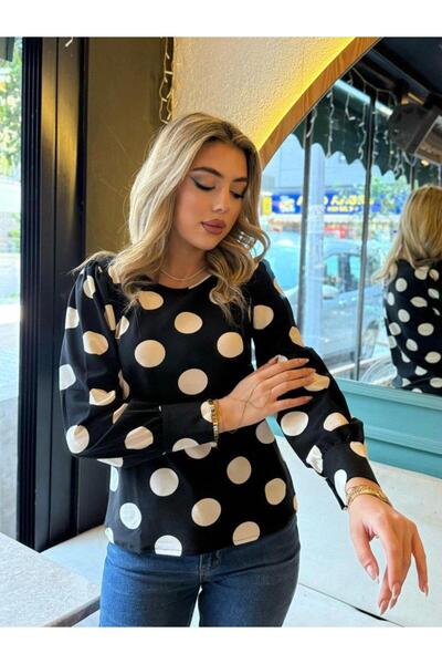 ESSE BUTİK Γυναικεία μακρυμάνικη λαιμόκοψη μανίκια με φαρδύ μανίκι με μανσέτα στο στόμα με δύο κουμπιά λεπτομέρεια κρεπ μπλούζα