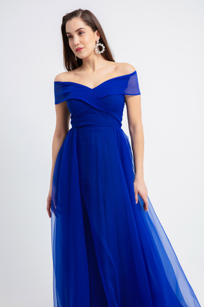 Lafaba Női Saks csónaknyakú Long Promise eljegyzési esküvői estélyi ruha