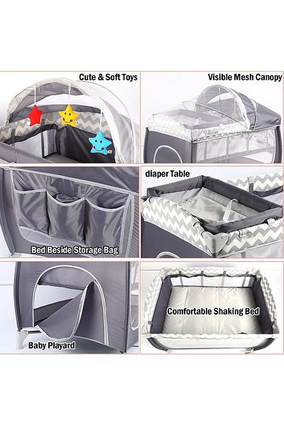 Saharaz Baby Crib,Multifunctional Portable and Foldable,Breathable Mesh Canopy,Suitable for Baby,Gray