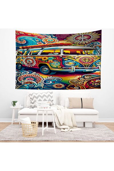 Else Dekor Hippie Floral Patterned Bus Carpet - Wall Cover Tapestry