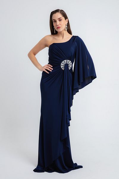 Lafaba Γυναικείο βραδινό φόρεμα Navy Blue One Shoulder Stone με λεπτομέρειες