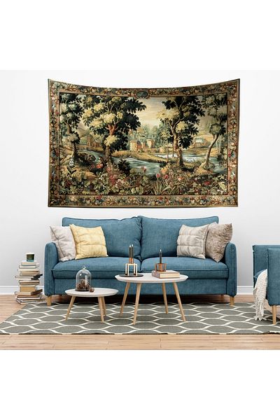 Else Dekor Vintage French Tapestry with Retro Castle Pattern - Wall Cover and Carpet