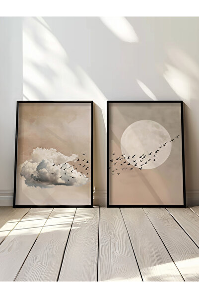 STARYUNA Tablou înnorat cu 2 păsări cu cadru din lemn negru yuna44