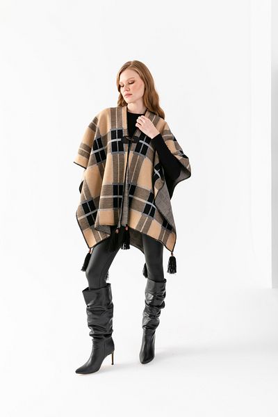 Wega Moda Striped Pattern Poncho, Fisherman's Stitching Button Detailed Poncho, Outerwear Poncho, Knitwear Knitted Chic Poncho