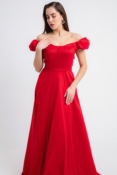 Lafaba Women's Red Boat Neck Flared Cutout Long Evening Dress