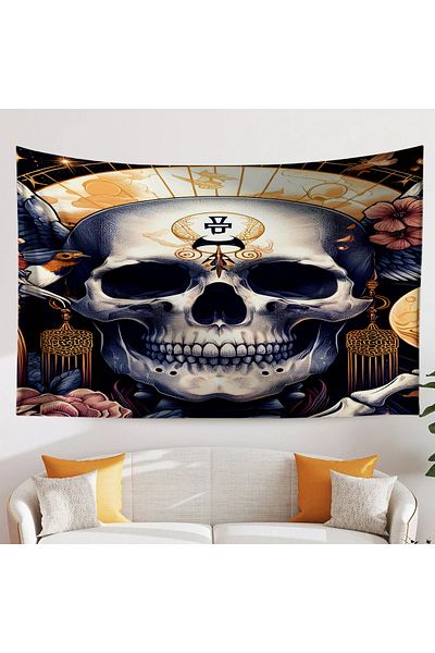 Else Dekor Gothic Floral Patterned Skull Tapestry - Duar Rug Cover