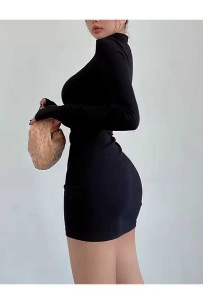 GARDIROZA Rochie neagră maxi mini cu gât rochie, rochie mini neagră cu gât înalt