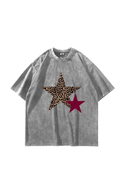 Bak Moda Tricou alb lavabil unisex oversize cu imprimeu Leopard Starz Y2k