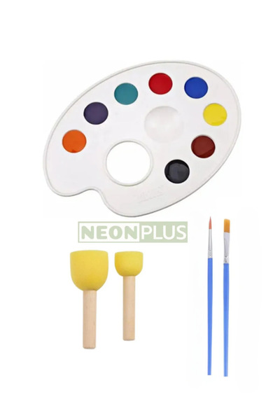 NEON PLUS Ressam Seti, Palet, 2 Adet Sentetik Fırça, 2'li Sünger Ponpon
