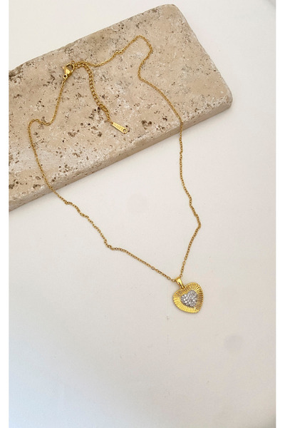 Sacha Accessories Heart Figured Zircon Stone Detailed Gold Silver Steel Necklace