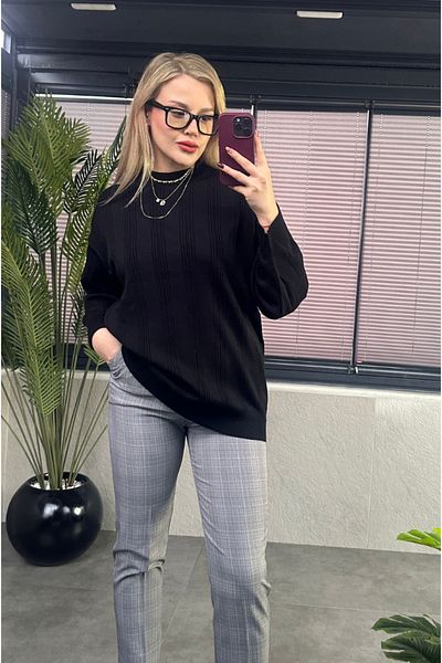 MİR STORE Pulover oversize semi-gât cu detaliu dungi negre
