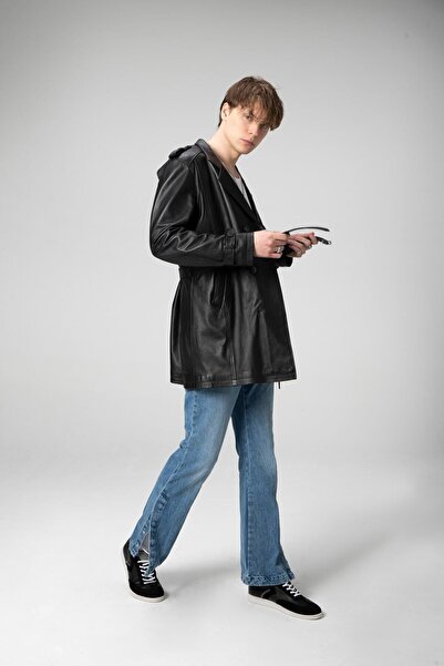 Dericlub Getafe Erkek Kruvaze Yaka Hakiki Deri Trençkot Siyah