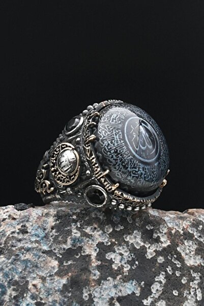 Prestige Özel Tasarım 925 Ayar Gümüş Erkek Yüzüğü Sıkma Kehribar Taşlı Ayetel...