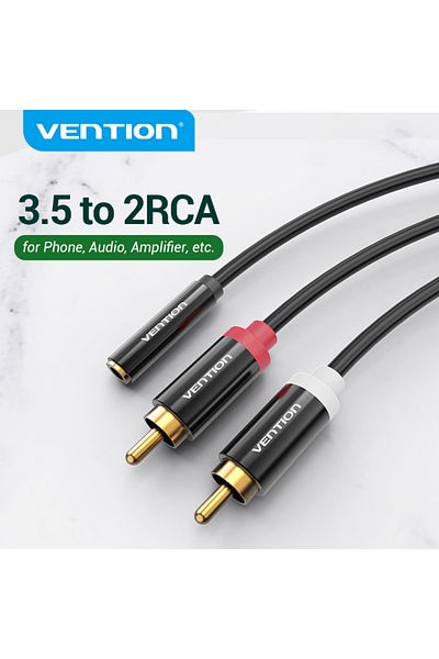 Choice كابل Vention Jack 3.5 ملم إلى 2 RCA بطول 2 متر، كابل صوت من أنثى إلى ذكر، موزع Aux لمكبر الصوت والتلفزيون والمنزل