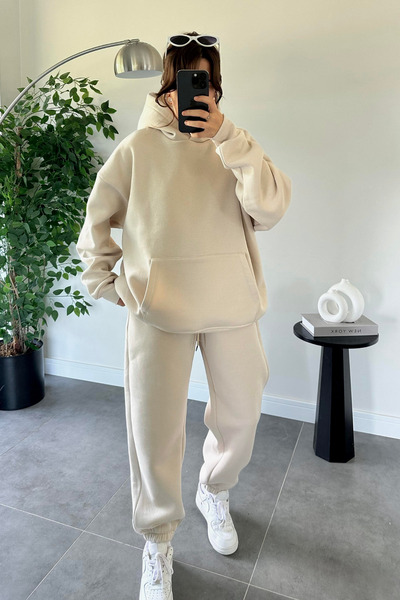 CMZ COLLECTİON Μπεζ άνετο σετ φόρμας unisex