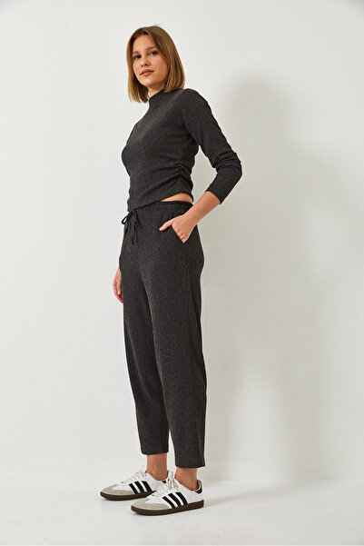 Bianco Lucci Women's Crop Blouse and Elastic Waist Pants Bottom Top Suit 60261363