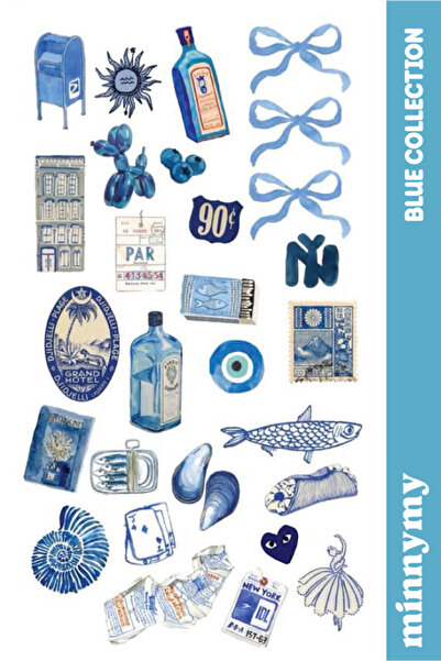 Minnymy Blue Collection Retro Sticker, Çıkartma, Ajanda, Günlük, Planlayıcı, ...
