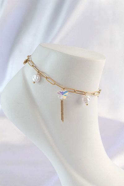 NZM TİCARET 316L Steel Gold Color Dangle Butterfly Anklet