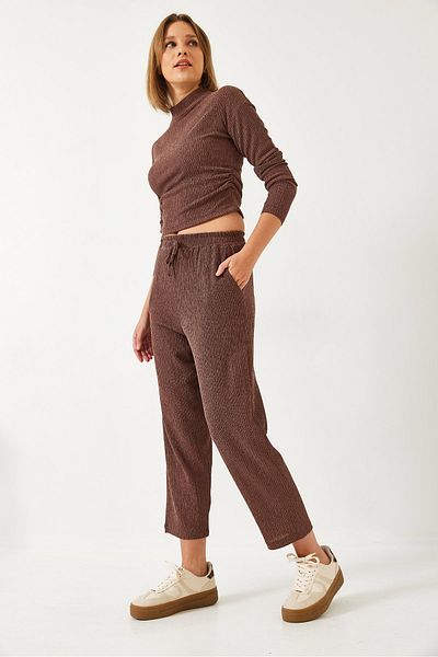 Bianco Lucci Women's Crop Blouse and Elastic Waist Pants Bottom Top Suit 60261363