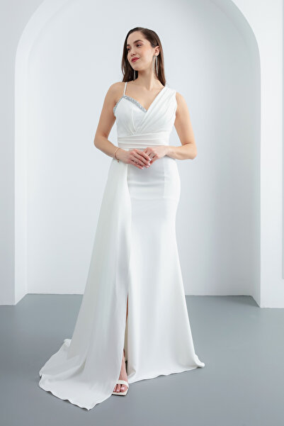 Lafaba Dámské bílé zásnubní svatební večerní šaty na jedno rameno