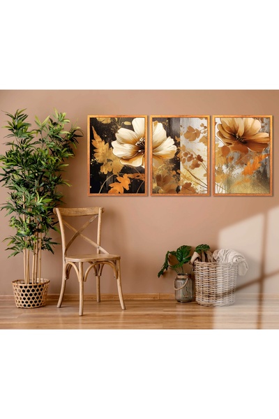 bestablo Set de pictură din lemn cu flori maro cu cadru 3 piese, decorațiuni ...