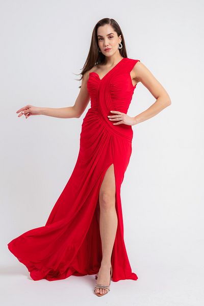 Lafaba Women's Red One-Shoulder Slit Long Evening Dress