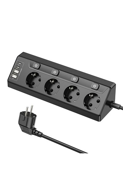 Choice شريط طاقة EU 4 أسود بـ 4 منافذ، واقي من زيادة التيار الكهربائي مع 2 منفذ USB و2 منفذ Type-c، ومقابس متعددة مع