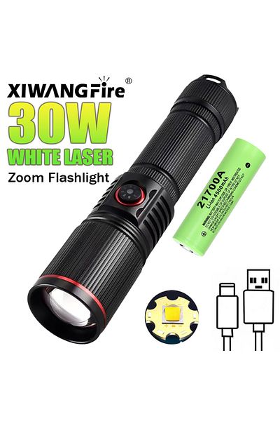 XIWANGFIRE 30W White Laser LED Flashlight Zoom Torch USB Rechargeable Light Outdoor Camping Hunting Fishing ...