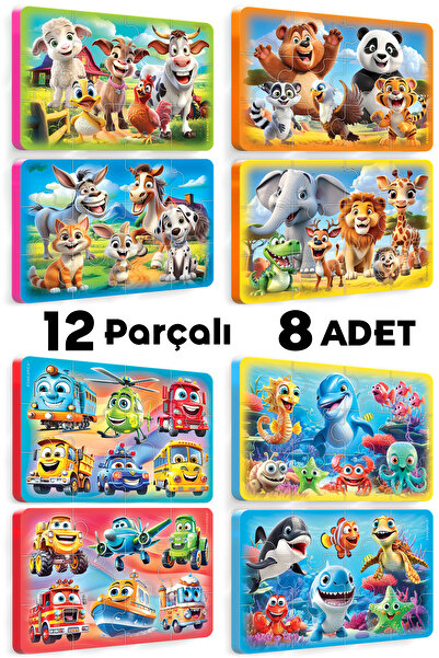 EVAKANCA 12 Parça Kalın Çocuk Puzzle Yapboz 8'li Set Çiftlik Yaban Deniz Hayv...