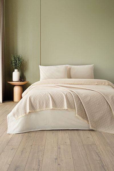 Denizli Concept Set dublu bej Lapis Pique - Cuvertură de pat 100% bumbac cu model geometric - Cu cearșaf