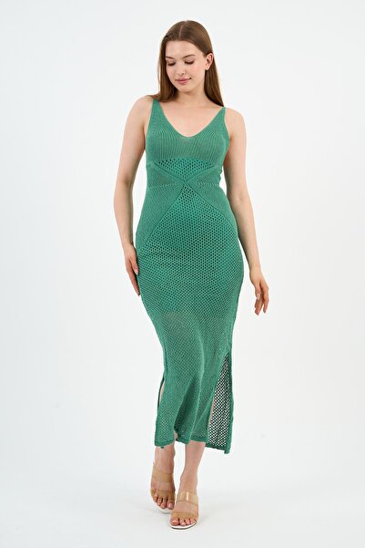 ALEXANDERGARDI Askılı V Yaka Ajurlu Yırtmaçlı Uzun Triko Elbise (A92533-S)