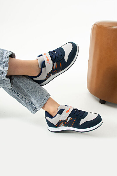 BOUIS Children's Ice Navy Blue Lace-Up Single Velcro Flexible Lightweight Faux Leather Unisex Sneaker m Series Sports Shoes