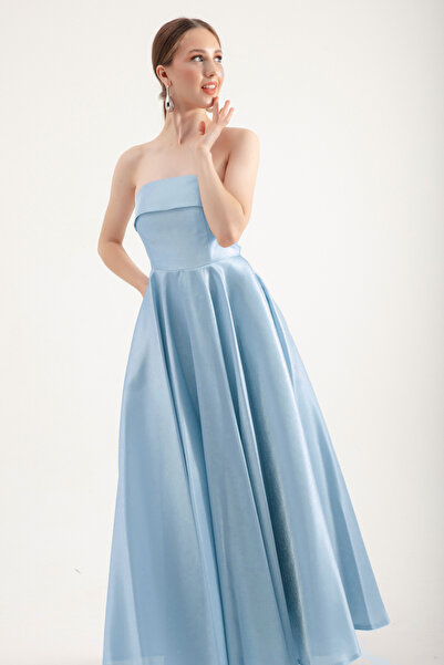 Lafaba Rochie de seara din tul fara bretele albastru bebelus - croiala evazata