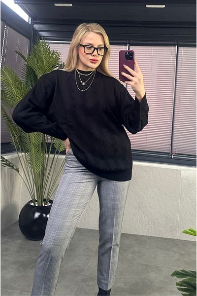 MİR STORE Pulover oversize semi-gât cu detaliu dungi negre