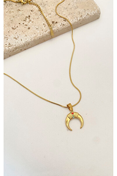 Sacha Accessories Gold Steel Necklace with Moon Figure and Colorful Stone Detail