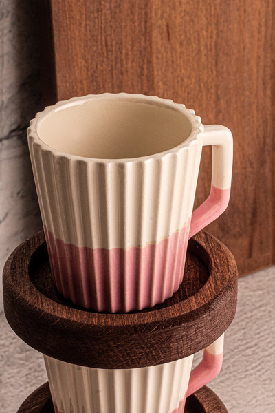 Snippy Wale - El Yapımı Seramik Ahşap Tabaklı Türk Kahvesi Espresso Fincan Seti 4 Parça 2 Kişilik